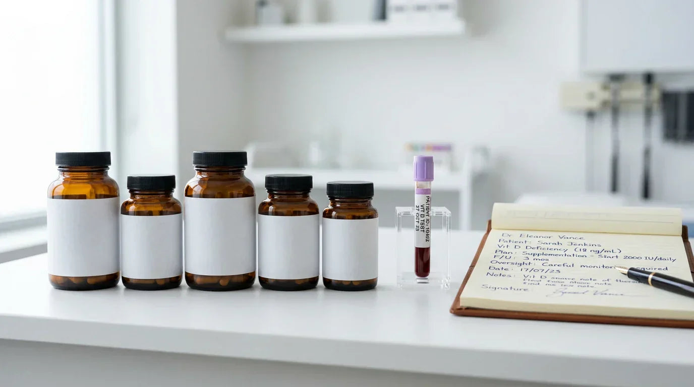 Vitamin D supplement bottles with blood test tube — guide to safe dosage limits and toxicity warning signs