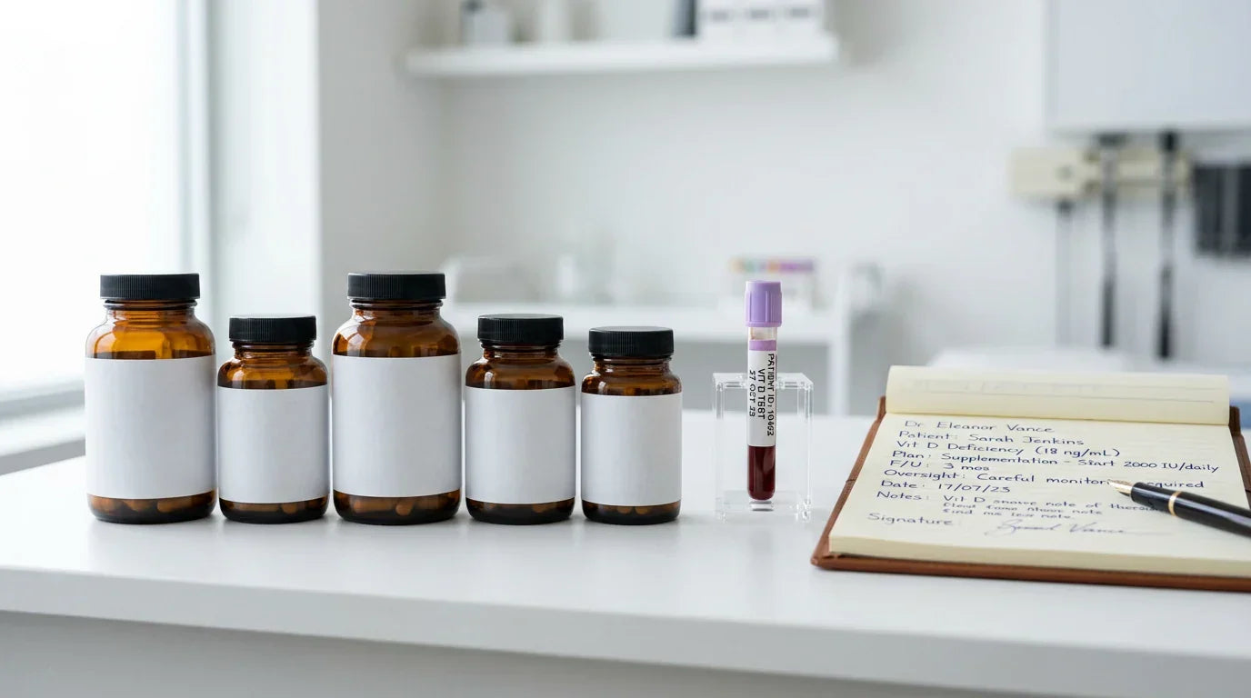 Vitamin D supplement bottles with blood test tube — guide to safe dosage limits and toxicity warning signs