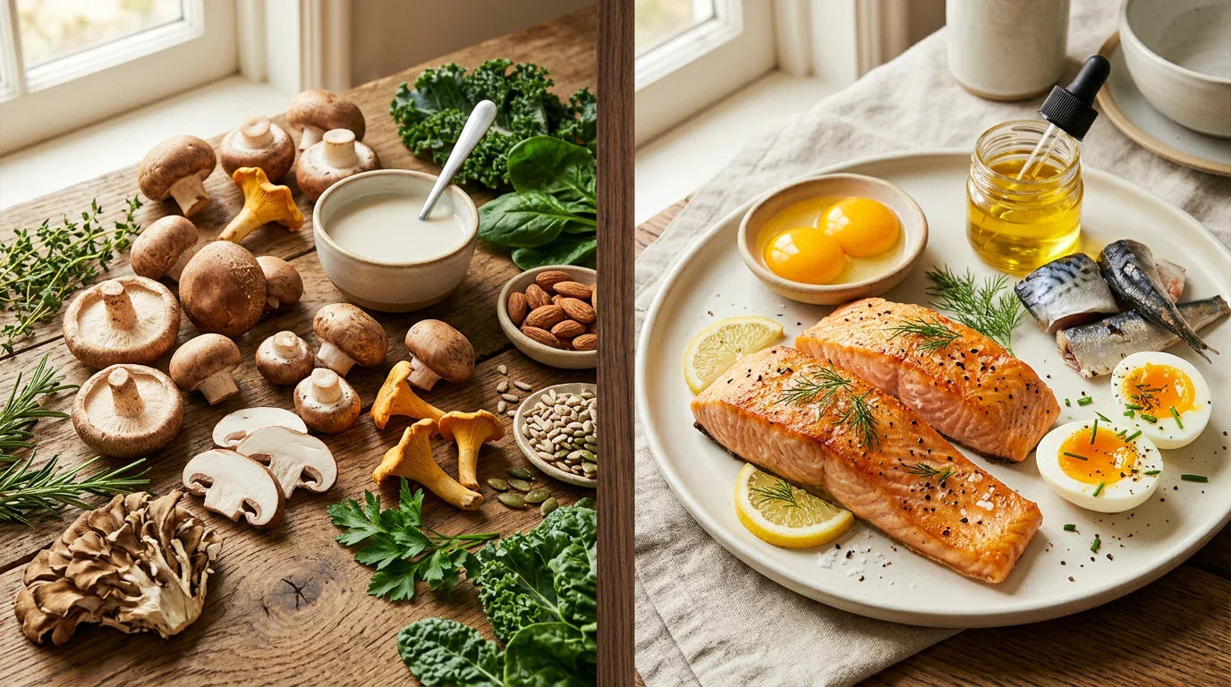 Split image comparing vitamin D2 sources (mushrooms) and D3 sources (salmon, eggs) — which supplement is better
