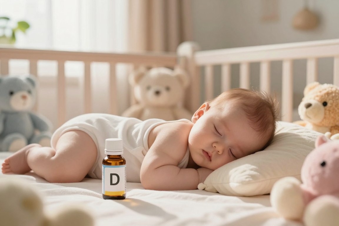 Vitamin D for infants — parent giving vitamin D drops to a baby for bone development and healthy growth