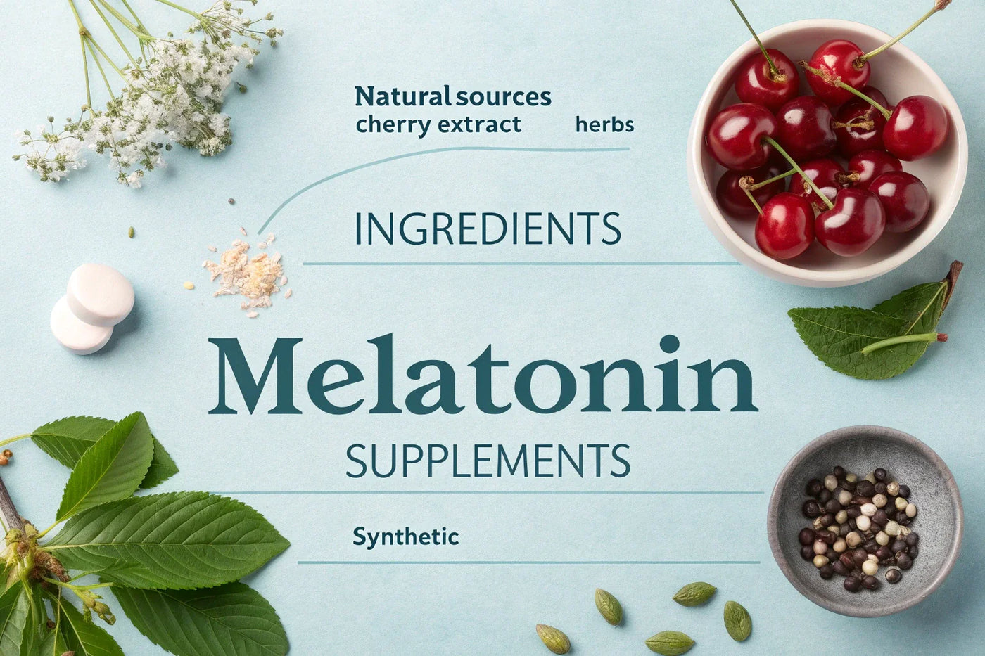 A visual guide to melatonin ingredients, with natural sources like cherry extract and white flowers contrasted with synthetic melatonin tablets on a light blue background