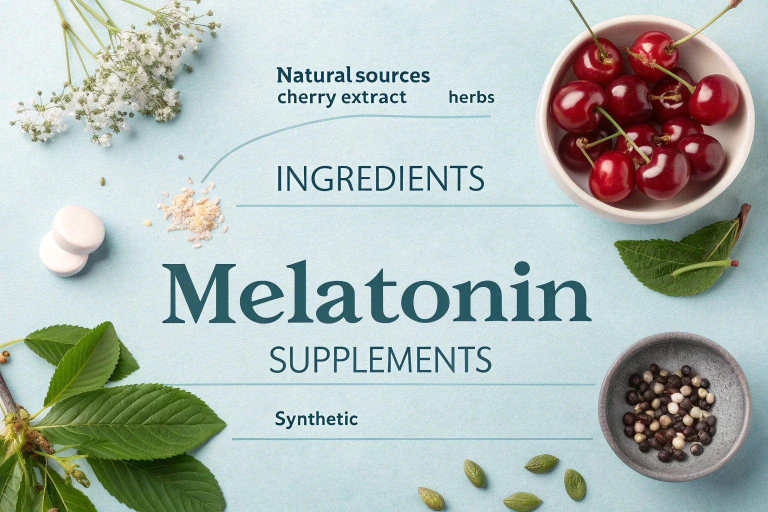 A visual guide to melatonin ingredients, with natural sources like cherry extract and white flowers contrasted with synthetic melatonin tablets on a light blue background