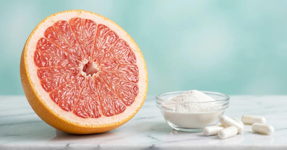What is modified citrus pectin — citrus fruit cross-section with supplement capsules for comprehensive MCP guide