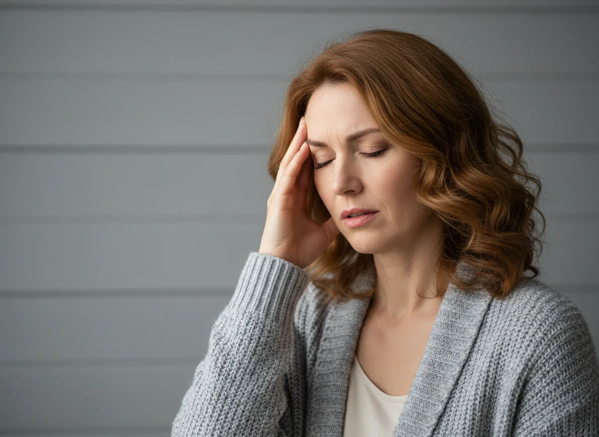 Middle-aged woman with reddish-brown hair, eyes closed, hand on temple, suffering a migraine, illustrating what causes adrenal fatigue and how chronic stress affects the body.