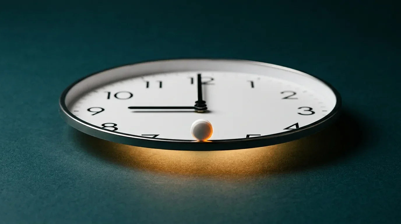 Melatonin tablet balanced on a clock at 9pm showing optimal timing