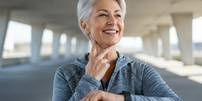 Radiant senior woman with silver hair checking pulse on smartwatch, smiling joyfully in urban setting.