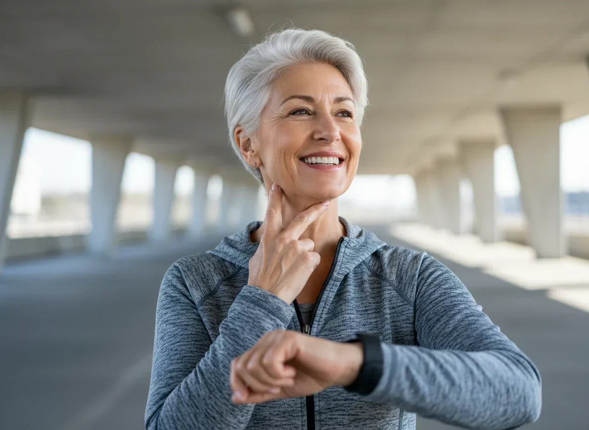 Radiant senior woman with silver hair checking pulse on smartwatch, smiling joyfully in urban setting.