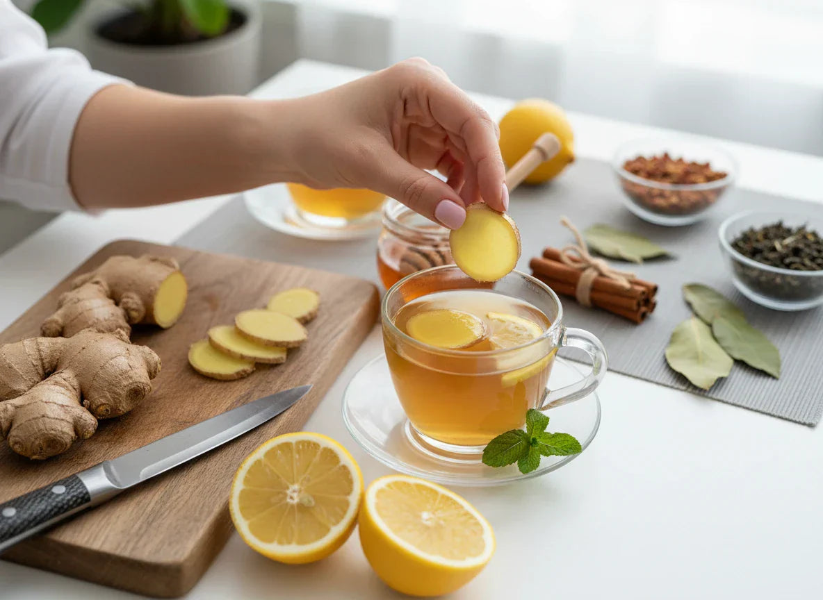 Hand adds fresh ginger to warm ginger lemon tea with lemon & honey. Cozy, healthy herbal tea preparation.