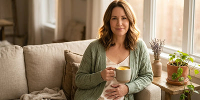 Woman age 46 in soft sage knit cardigan seated by sunlit window holding ceramic mug, hand resting on lower belly — gut and hormonal wellness moment