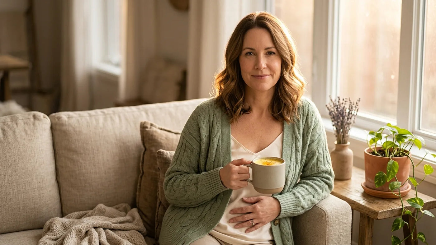 Woman age 46 in soft sage knit cardigan seated by sunlit window holding ceramic mug, hand resting on lower belly — gut and hormonal wellness moment