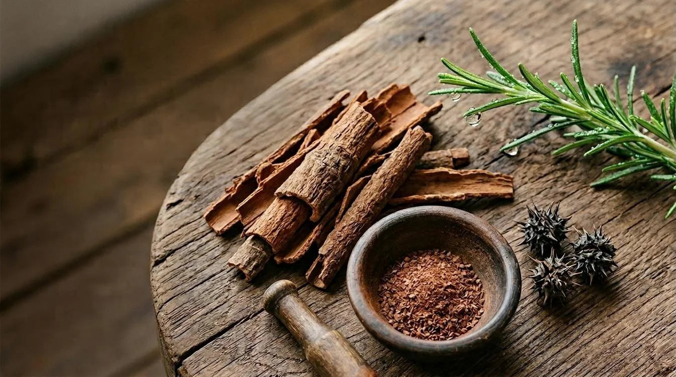 Curled yohimbe bark pieces and dried herbs arranged on rustic walnut with morning light