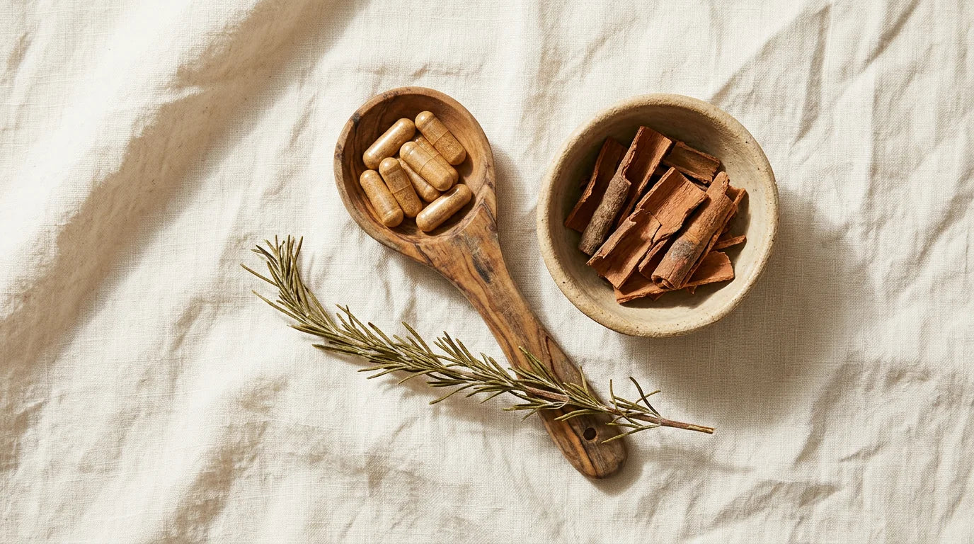 Olive-wood spoon holding capsules beside a small bowl of yohimbe bark on cream linen surface