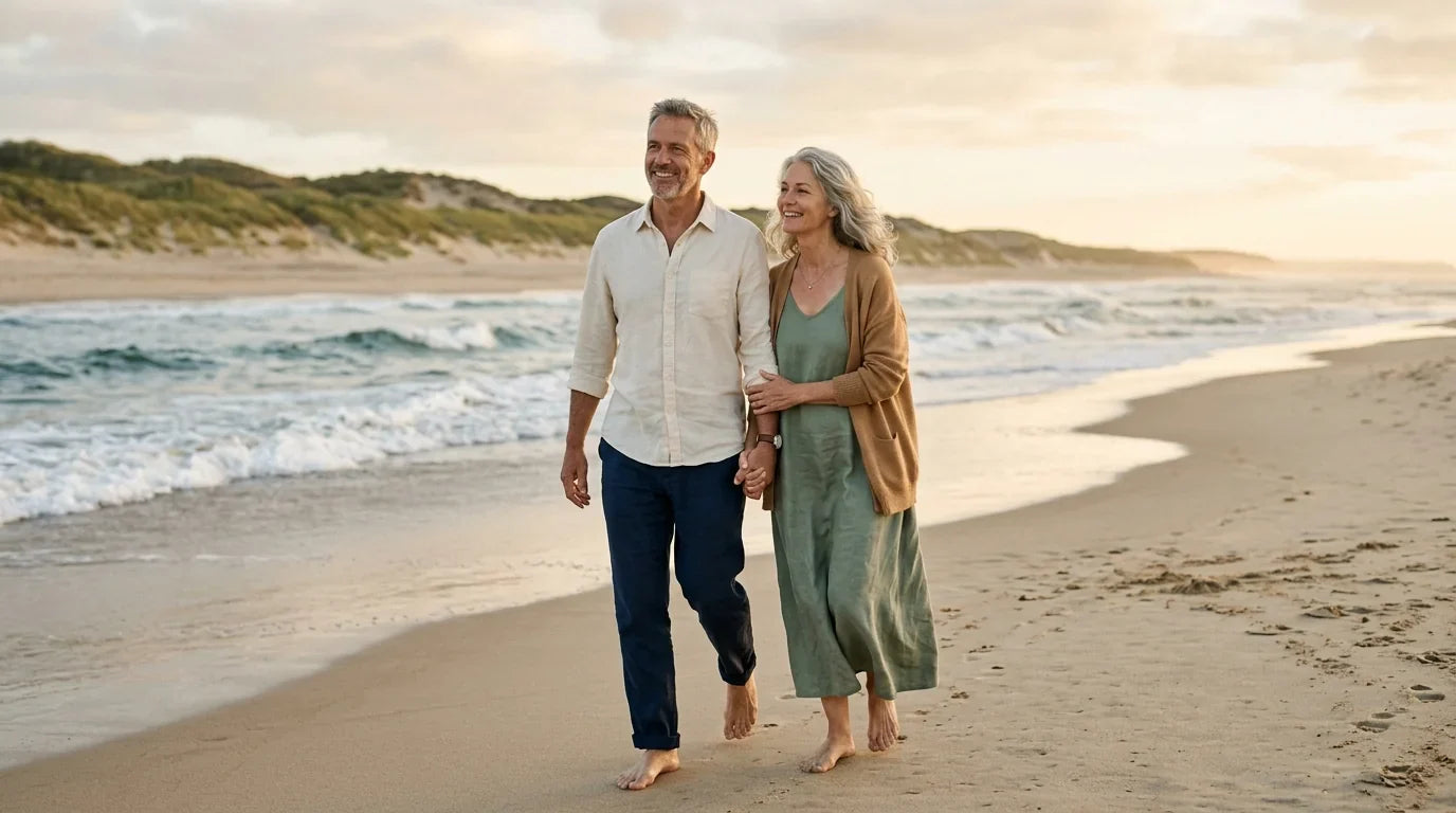 Mature couple in their 50s walking together on a sunlit beach with natural relaxed connection