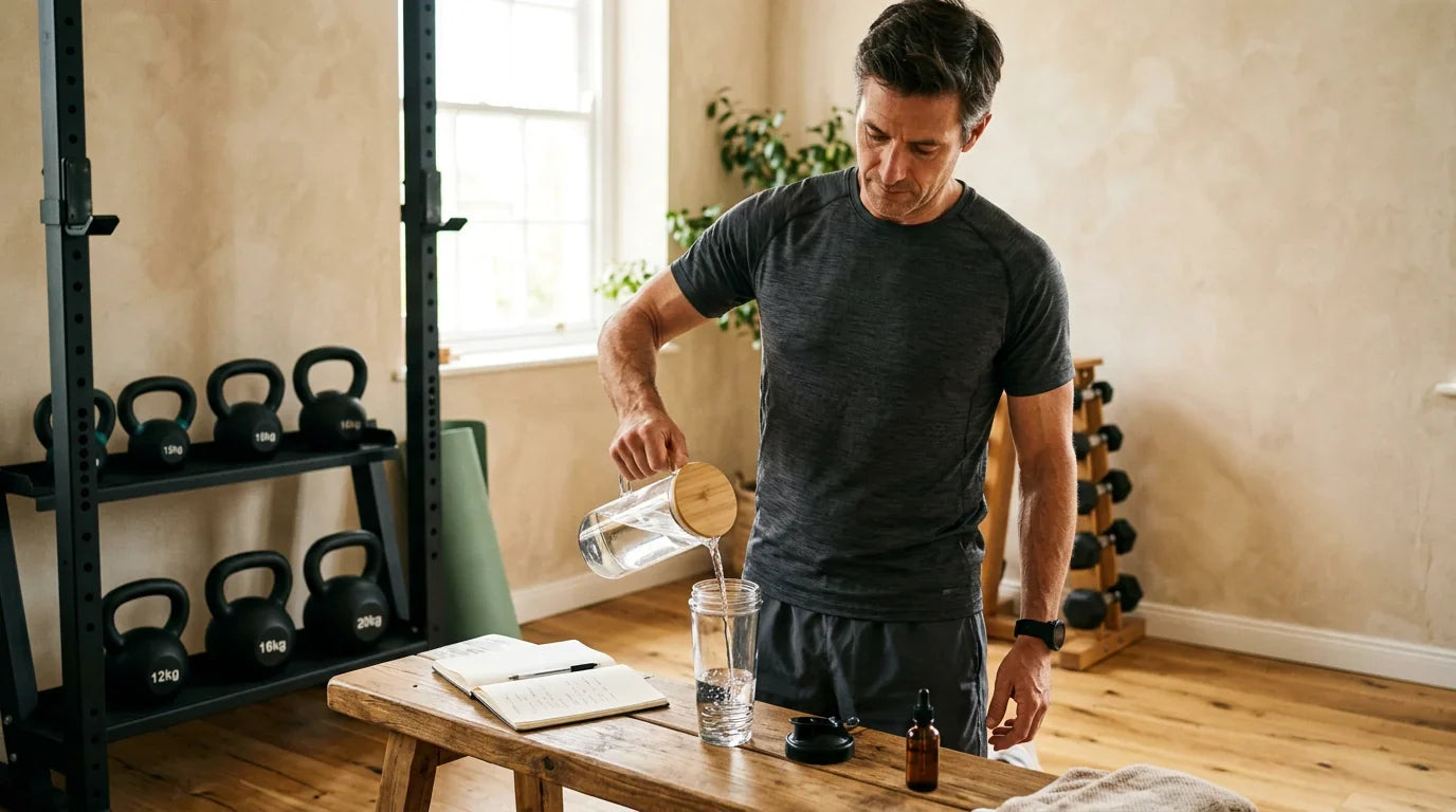 Athletic man in his 40s preparing pre-workout drink in a sunlit minimalist home gym