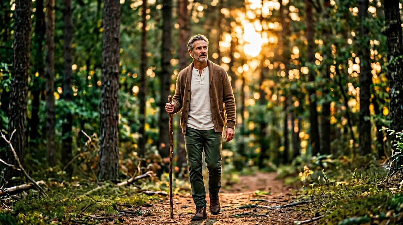 Mature man in his 50s walking on a forest path at golden hour with calm focused expression