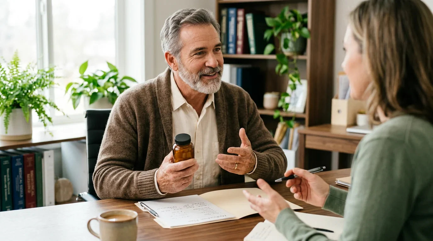 Mature man in calm consultation with healthcare provider at a sunlit wooden office desk