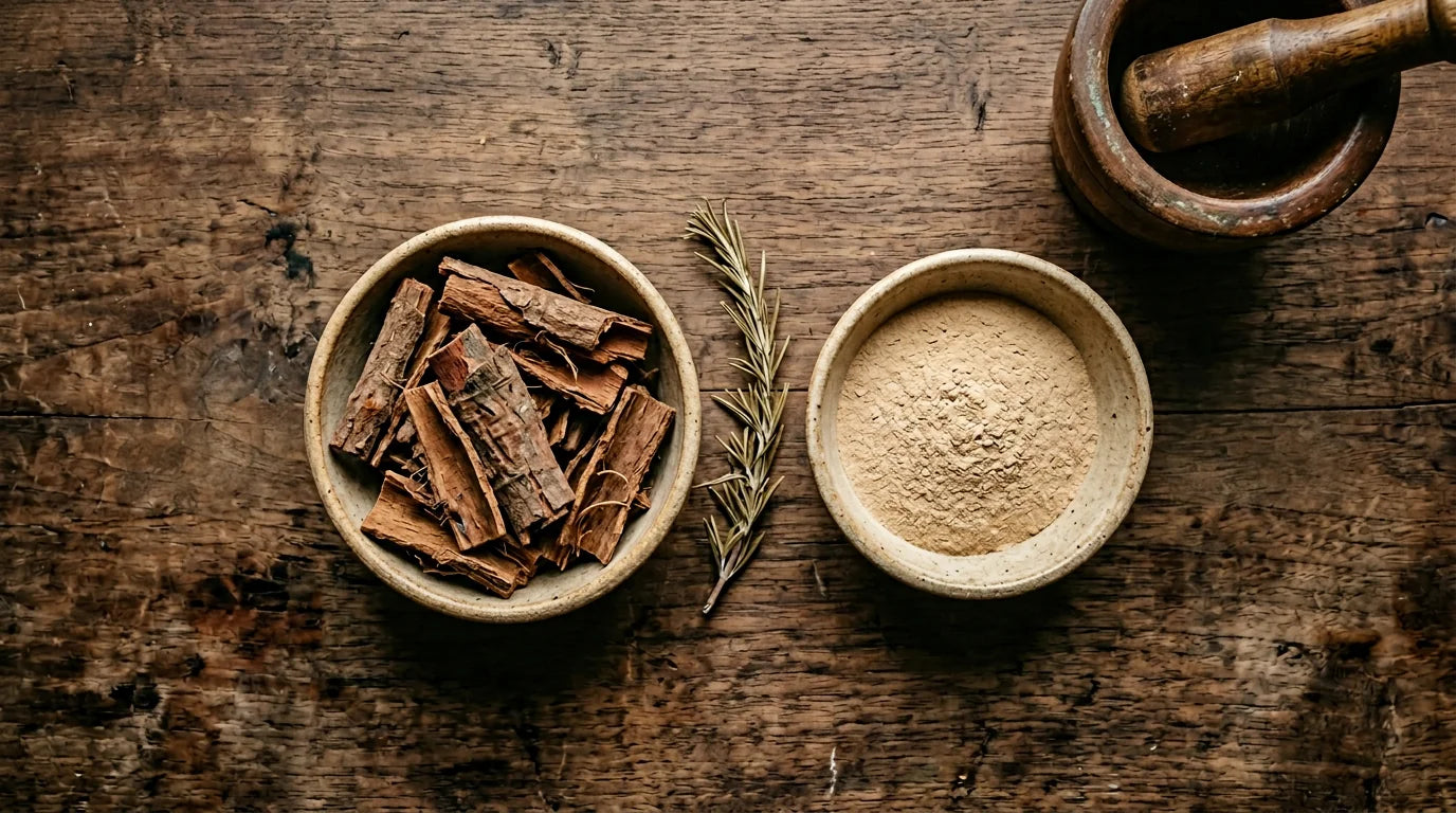 Two small bowls side by side with yohimbe bark pieces and refined yohimbine HCL powder on walnut