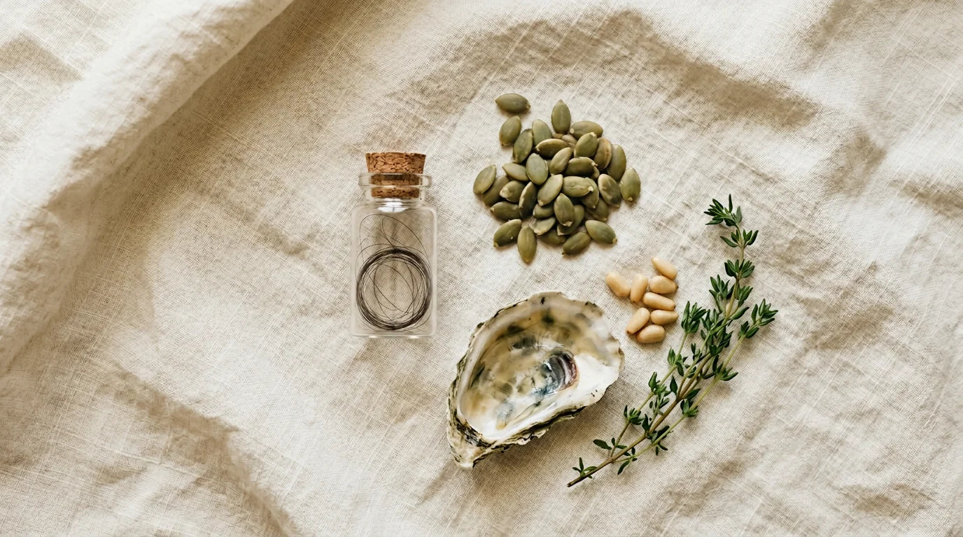 Pumpkin seeds, oyster shell and glass vial of hair strands on pale linen — zinc deficiency and hair mineral testing