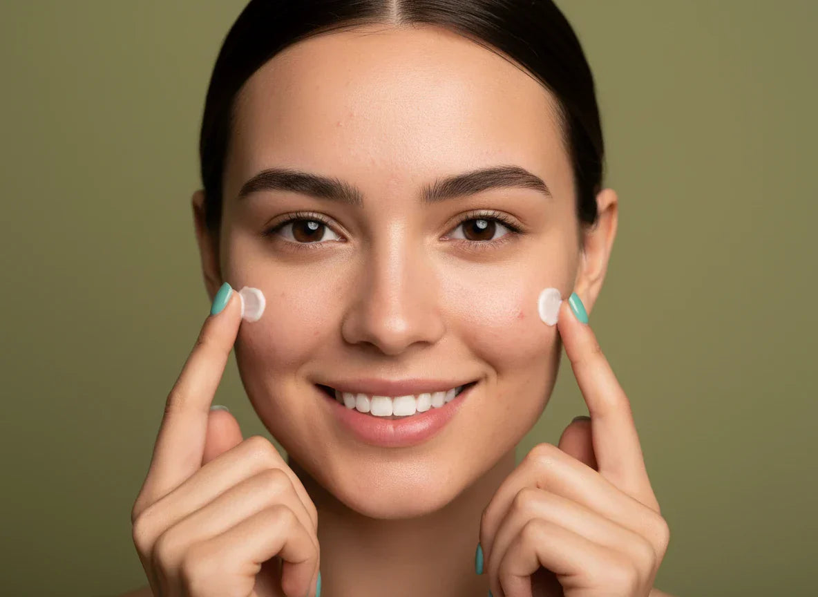 Close-up: Young woman with natural skin showing typical signs of zinc deficiency, such as acne and blemishes, smiling while holding skincare cream against a muted olive green background.