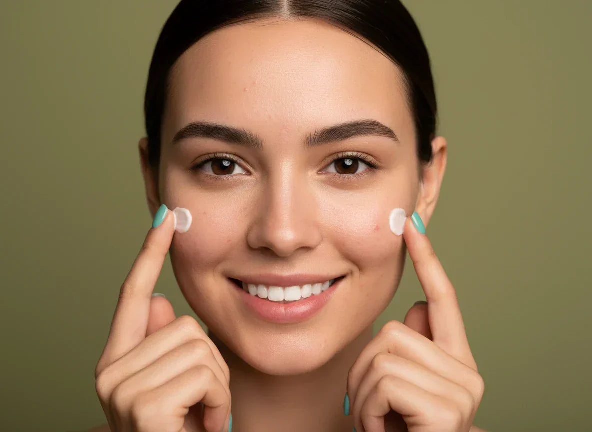 Close-up: Young woman with natural skin showing typical signs of zinc deficiency, such as acne and blemishes, smiling while holding skincare cream against a muted olive green background.
