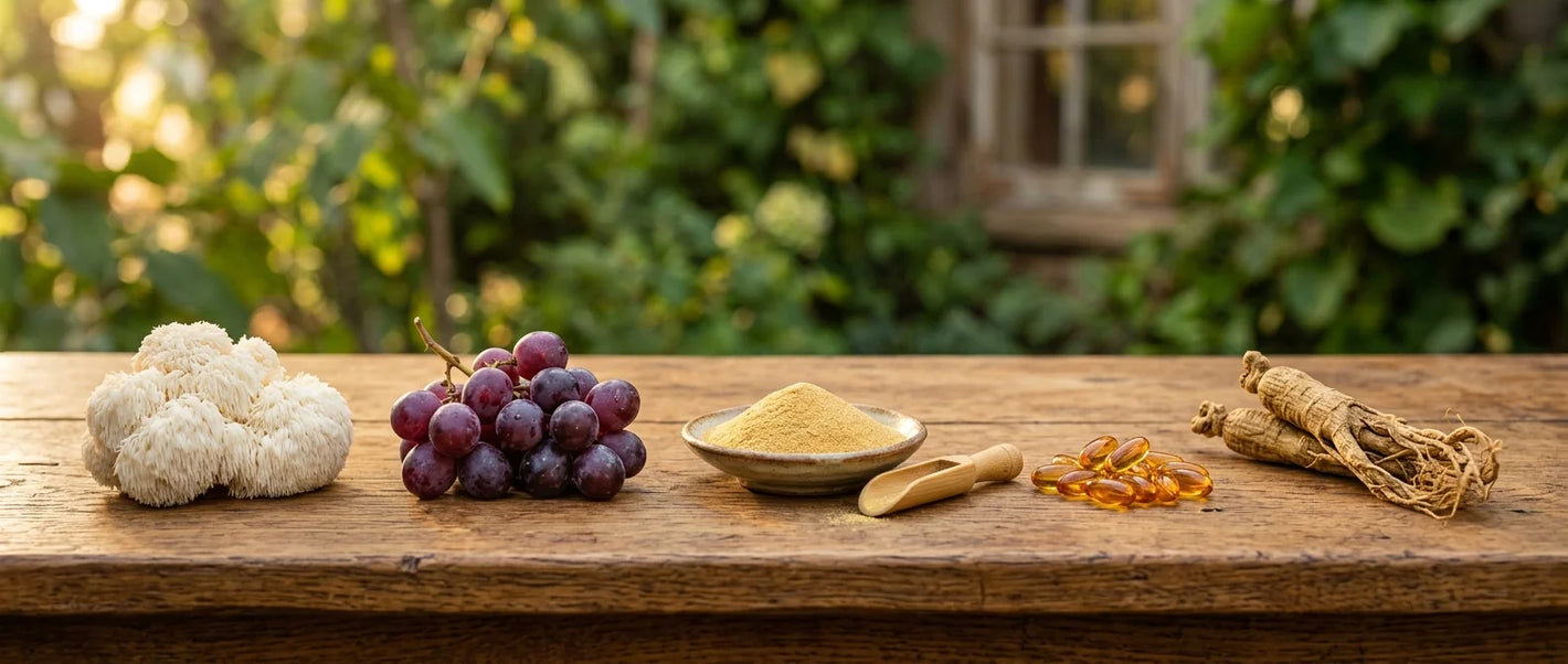 Anti-aging herbs and supplements — lion's mane mushroom, resveratrol grapes, collagen and adaptogenic roots for longevity