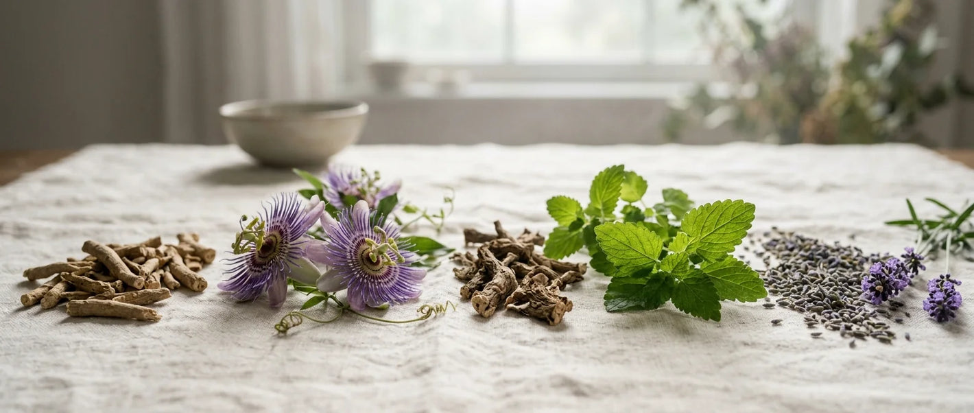 Natural anxiety relief herbs — ashwagandha root, passionflower blooms, lemon balm leaves and calming supplements on soft linen