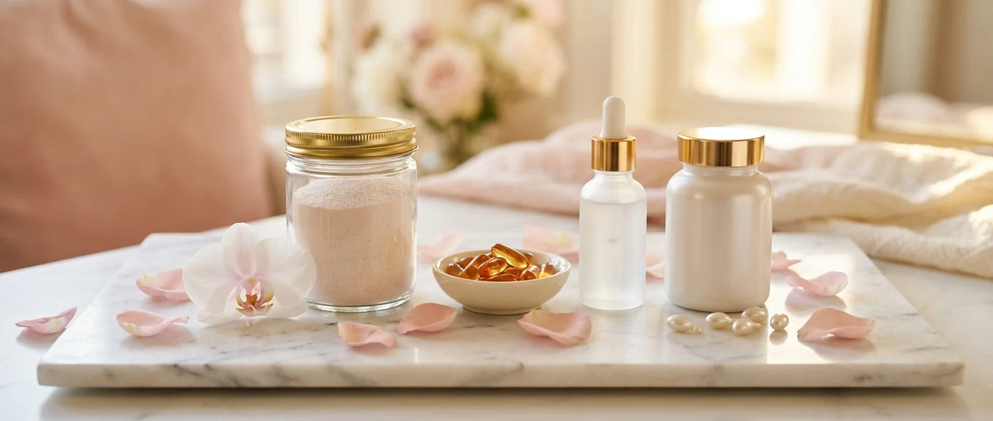 Beauty supplement collection — collagen powder, biotin capsules and hyaluronic acid with pink roses on white marble