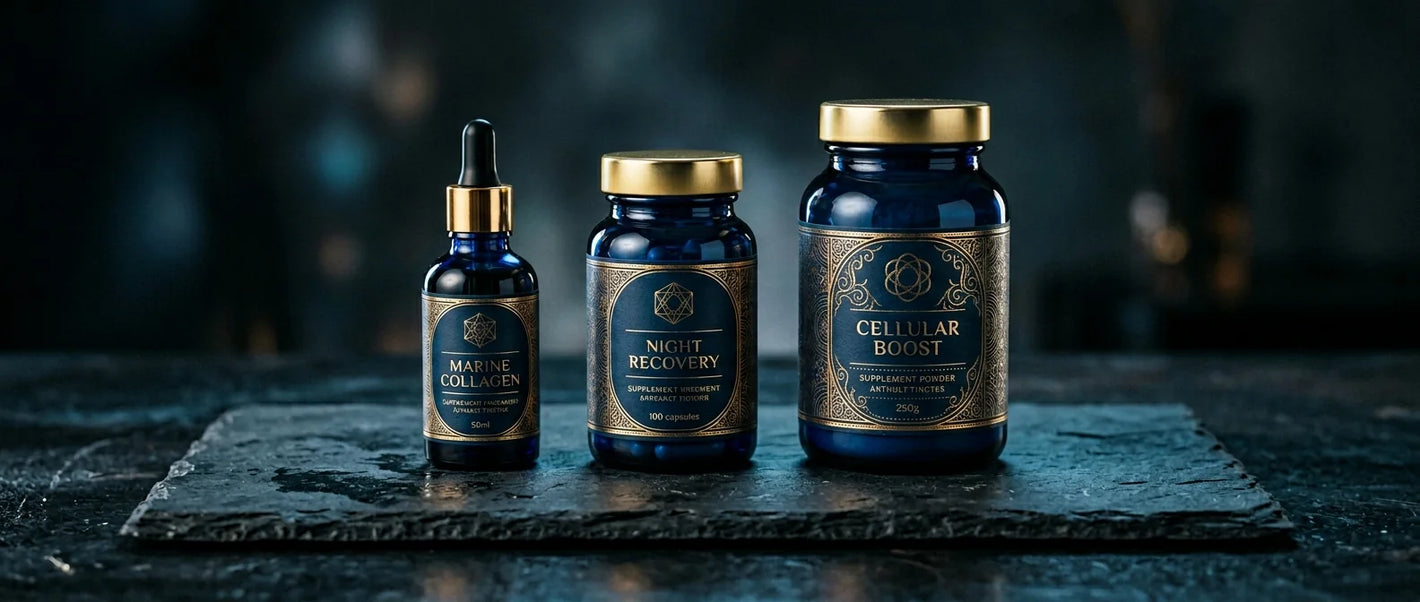 Remedy's Blue Label premium supplement line — deep blue labeled bottles with gold accents on slate surface