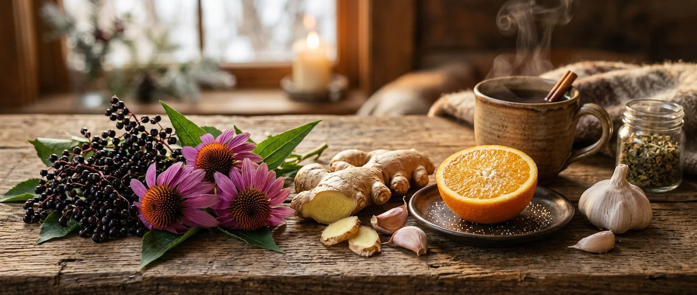 Cold and flu immune support herbs — elderberry clusters, echinacea flowers, ginger root, zinc and vitamin C