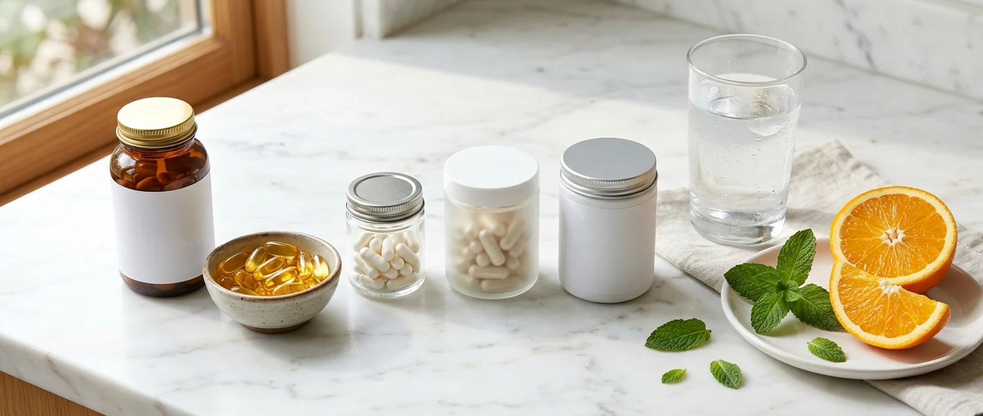 Morning daily supplement routine — multivitamins, omega-3, vitamin D and probiotics with fresh fruit on clean white surface