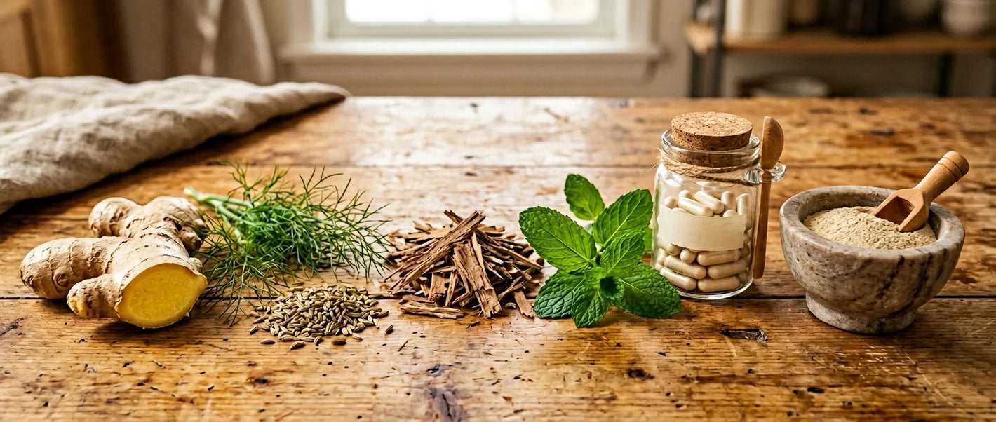 Digestive health herbs and supplements — ginger root, fennel seeds, probiotics and digestive enzymes on warm wooden surface