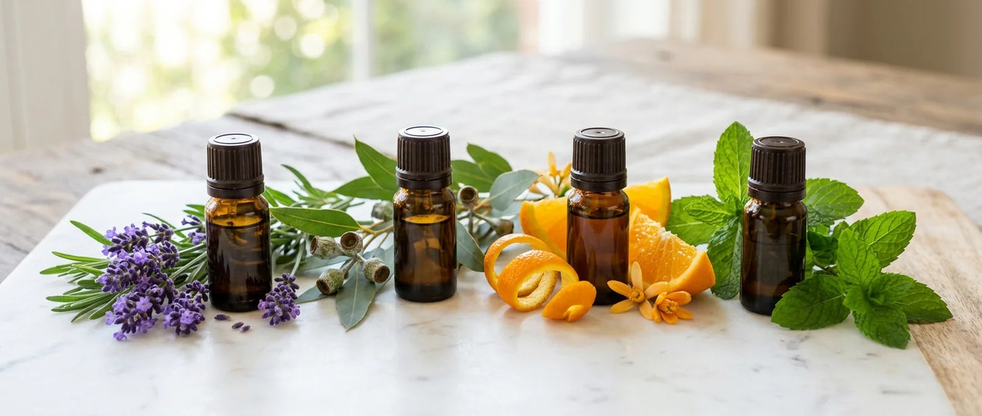 Essential oil blend bottles with botanical ingredients — lavender sprigs, eucalyptus, citrus and peppermint for aromatherapy