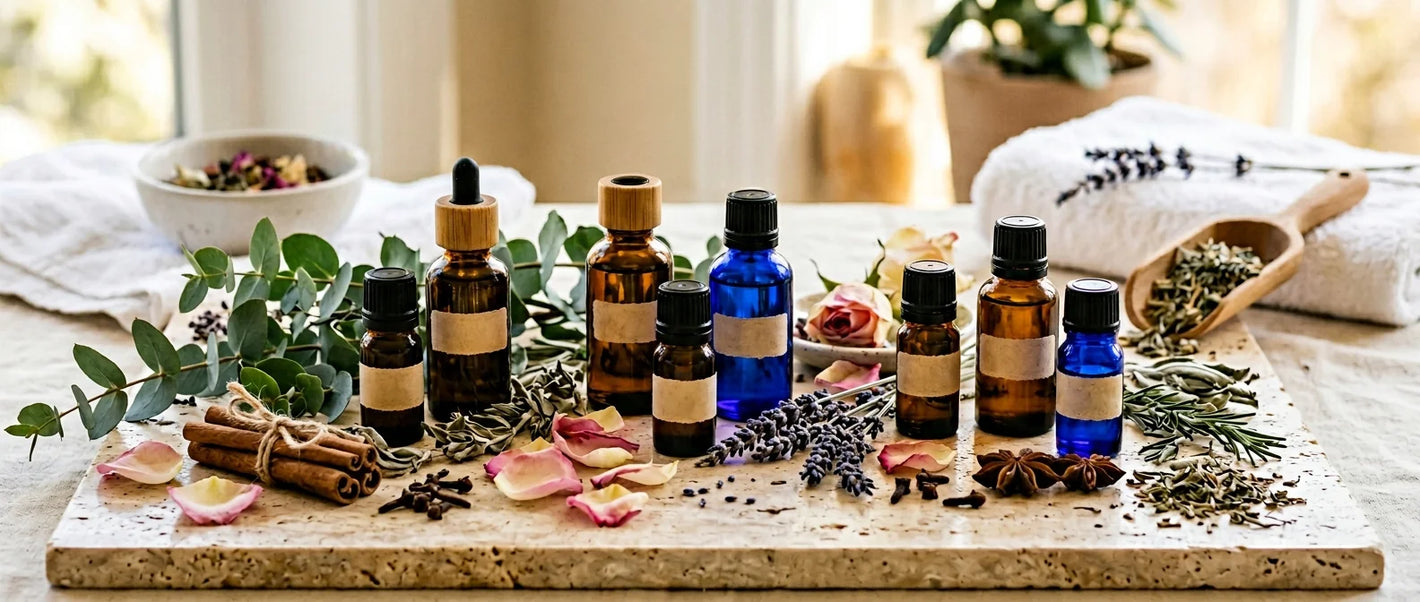 Essential oil collection on polished stone — assorted botanical oil bottles with fresh flowers, herbs and natural ingredients