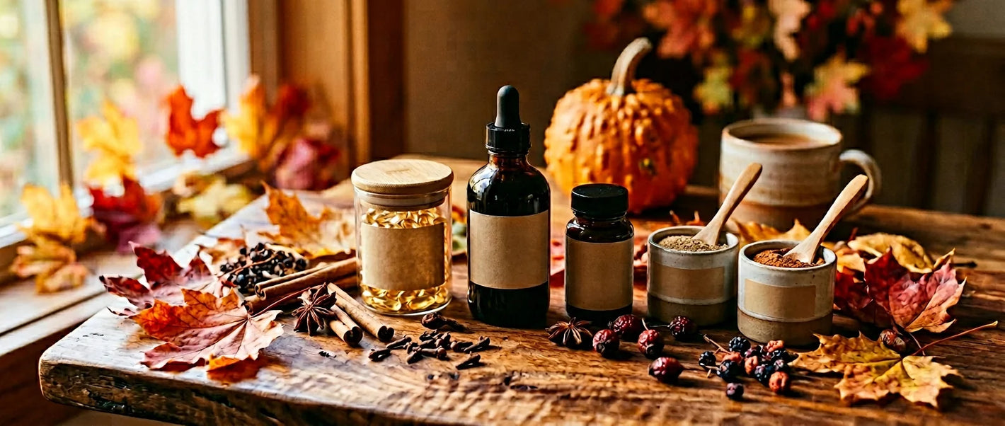 Fall family wellness kit — elderberry syrup, vitamin D supplements and warming herbs with autumn maple leaves and cinnamon