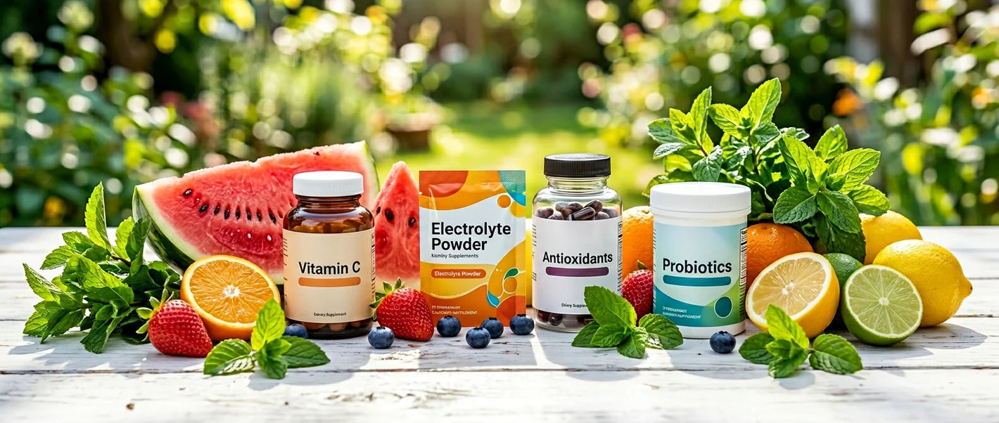 Summer family wellness kit — vitamin C, electrolytes and antioxidant supplements with fresh citrus berries and tropical botanicals
