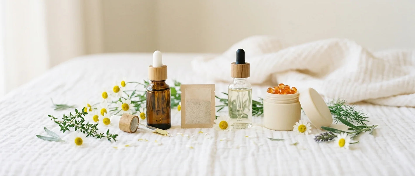 Gentle baby supplement products — vitamin D drops, probiotic powder and liquid iron in small dropper bottles with chamomile on soft white surface