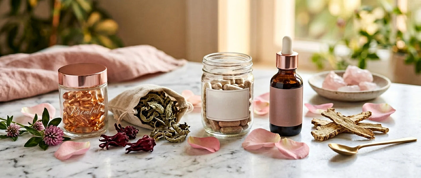 Women's wellness supplements — evening primrose, raspberry leaf, iron and prenatal vitamins with rose petals on white marble