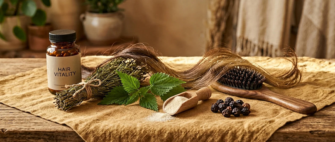 Hair care supplement ingredients — biotin capsules, horsetail herb, nettle leaf and collagen powder with wooden hairbrush