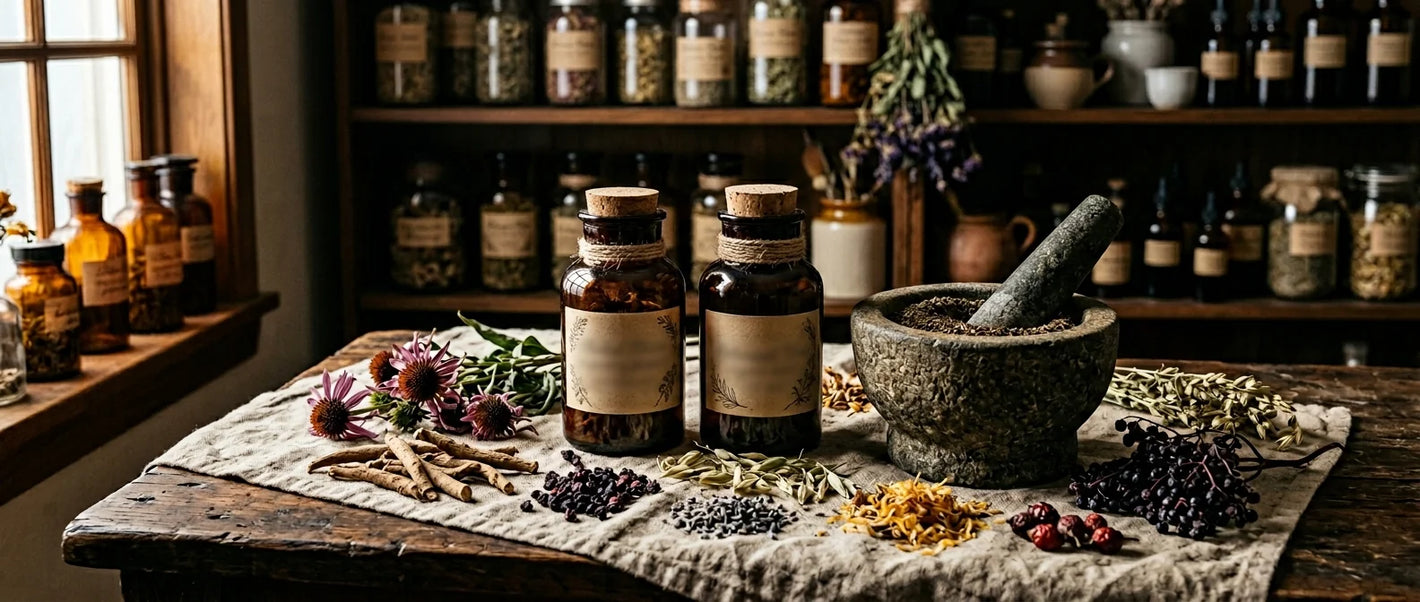 Proprietary herbal blend supplements — brown glass bottles with dried botanicals in mortar and pestle on apothecary surface
