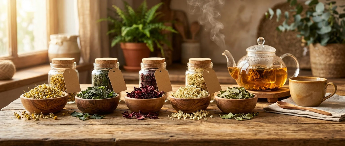 Herbal tea collection — loose leaf chamomile, peppermint, hibiscus and elderflower in wooden bowls with steaming glass teapot