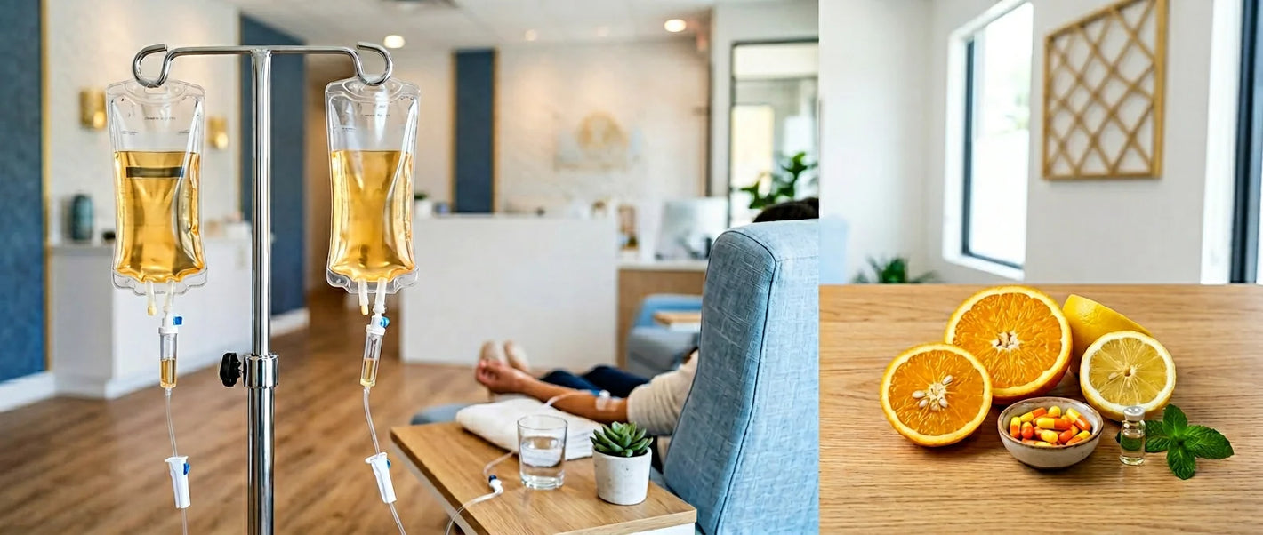 IV vitamin infusion therapy — clear drip bags with vitamin C and B vitamins in modern wellness clinic with botanical elements