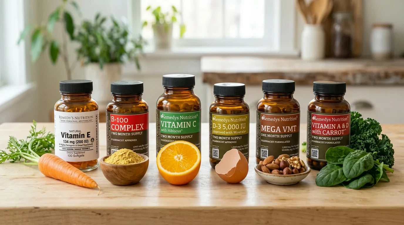 Vitamin A B C D E K supplement bottles with natural food sources — carrots, citrus, leafy greens and eggs on light wood surface
