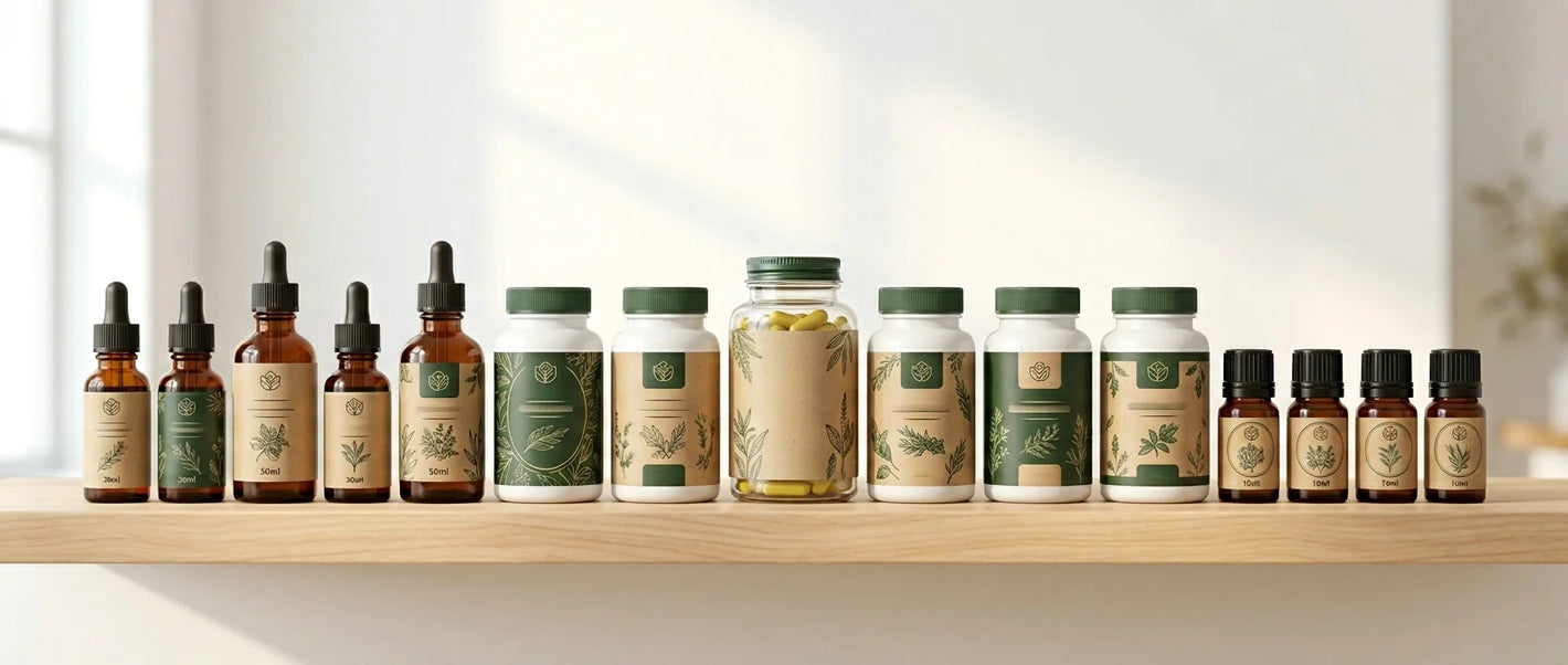 Top-selling natural supplement bottles displayed on wood shelf — best seller vitamins, tinctures and herbal capsules