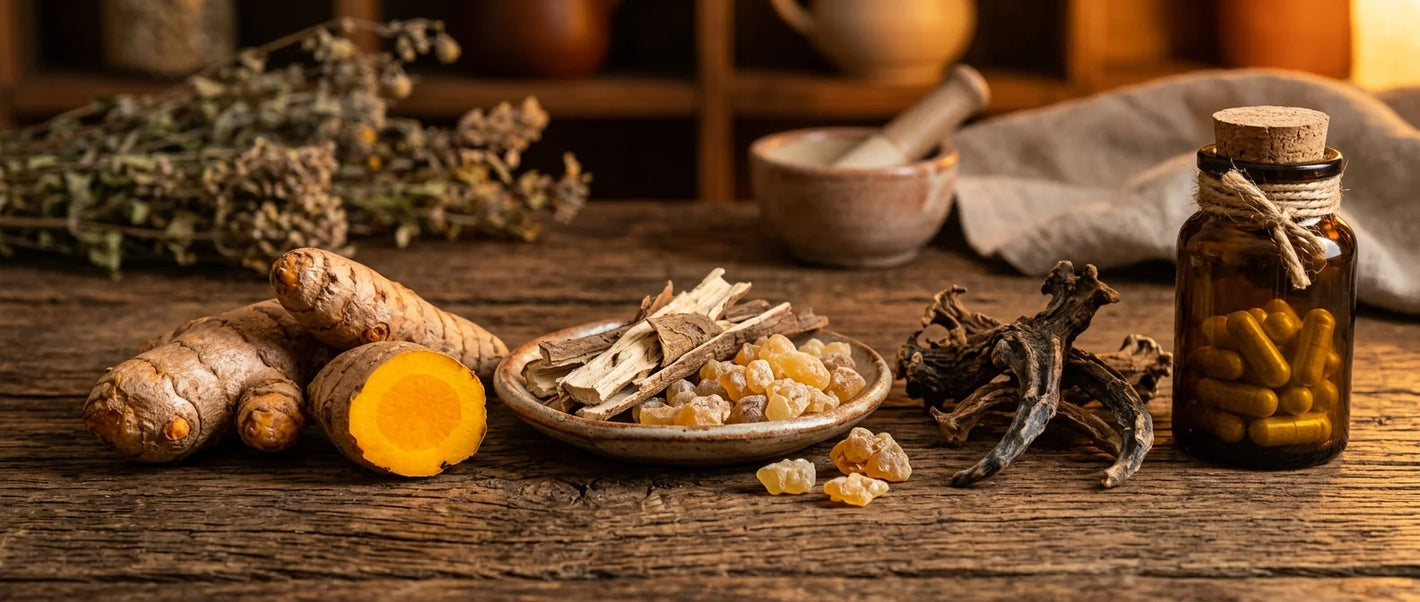 Natural pain relief herbs — turmeric root, white willow bark, boswellia resin and anti-inflammatory capsules on wooden surface