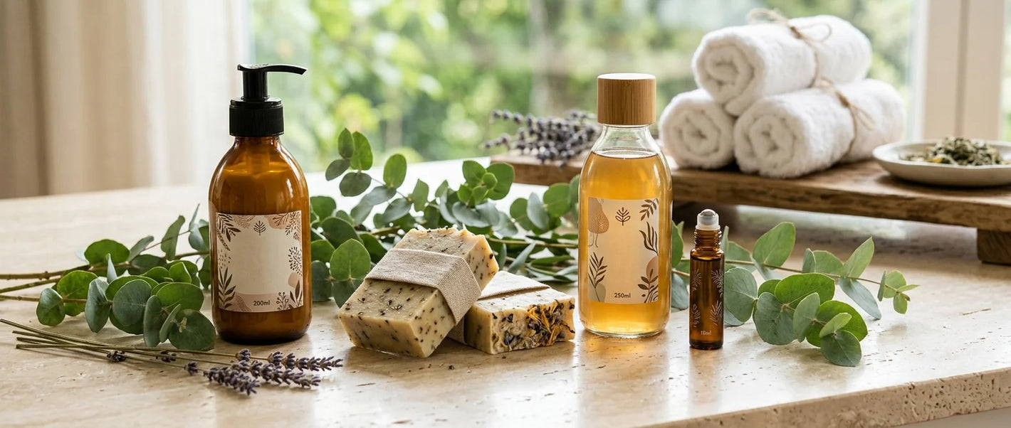 Natural personal care products — organic lotion, herbal soap bars and essential oil body care on spa-inspired surface