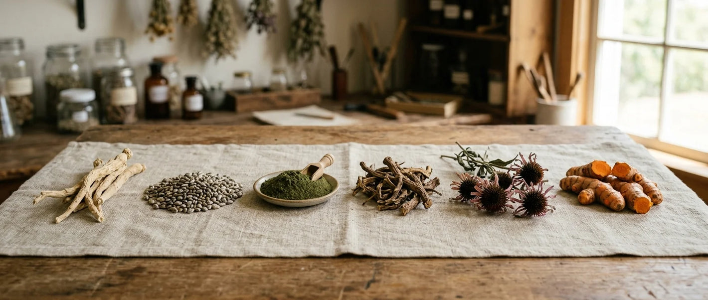Individual medicinal herb specimens — ashwagandha root, milk thistle, moringa powder and echinacea displayed as botanical specimens