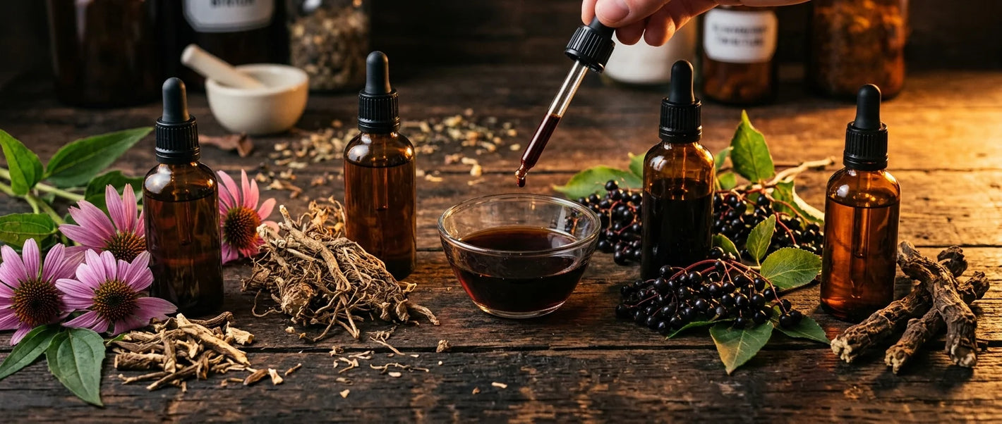 Liquid herbal tincture collection — amber dropper bottles with echinacea, valerian and elderberry botanicals on rustic wood