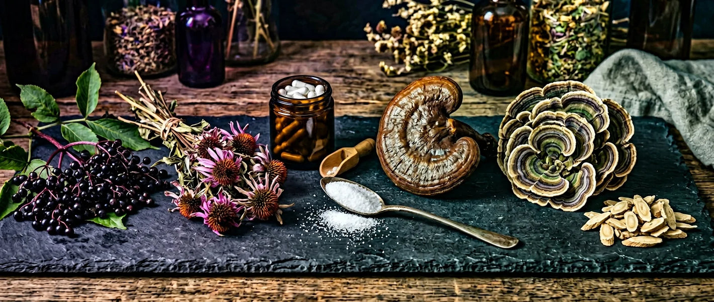 Immune defense herbs and supplements — elderberry, zinc, vitamin C, echinacea and medicinal mushrooms on dark slate