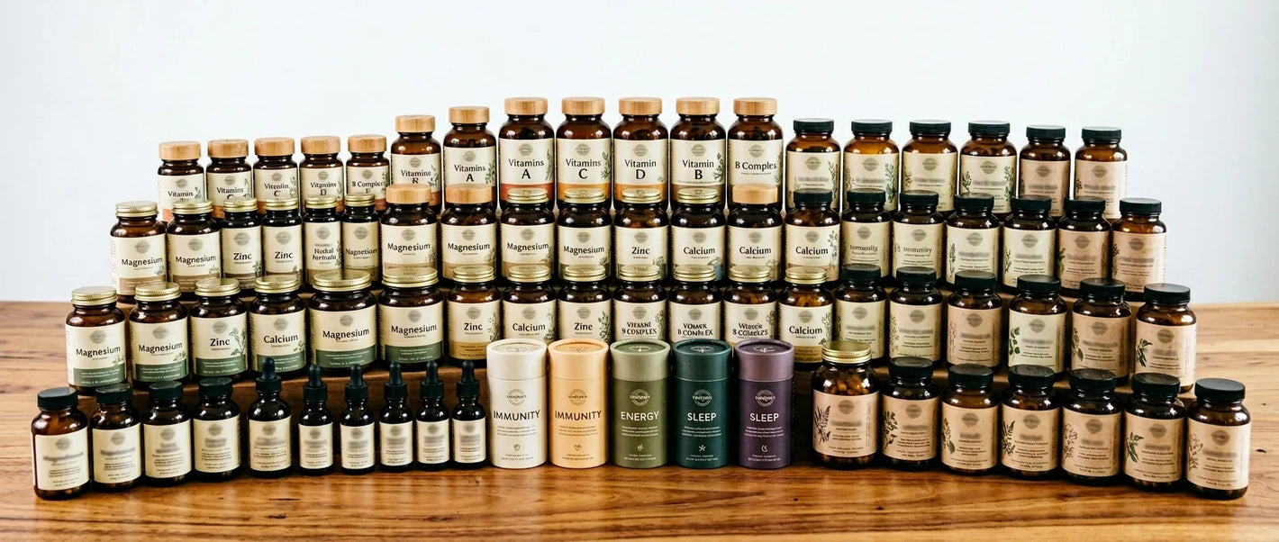 Comprehensive vitamins and supplements display — organized bottles of vitamins, minerals, amino acids and herbal formulas on wood surface