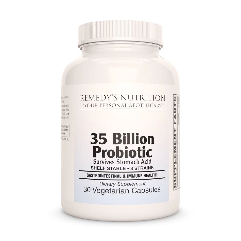 Image of Remedy's Nutrition® Enteric Coated 35 Billion Probiotic Capsules Dietary Supplement front bottle. Shelf Stable. 